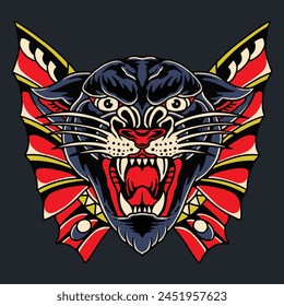 Panther Butterfly Traditional Tattoo Vector Illustartion