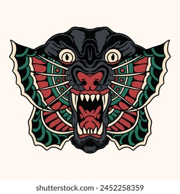 Panther Butterfly Traditional Tattoo Vector Illustration