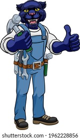 A panther cartoon animal mascot carpenter or handyman builder construction maintenance contractor holding a hammer and giving a thumbs up