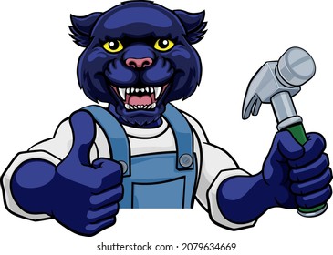 A panther cartoon animal mascot carpenter or handyman builder construction maintenance contractor peeking around a sign holding a hammer and giving a thumbs up