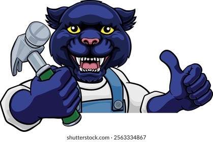 A panther cartoon animal mascot carpenter or handyman builder construction maintenance contractor peeking around a sign holding a hammer and giving a thumbs up