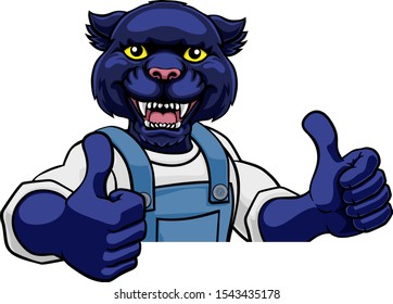 A panther cartoon animal mascot gardener, carpenter, handyman, decorator or builder construction worker peeking around a sign and giving a thumbs up