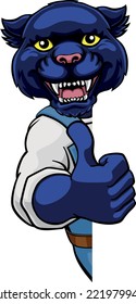 A panther cartoon animal mascot gardener, carpenter, handyman, decorator or builder construction worker peeking around a sign and giving a thumbs up