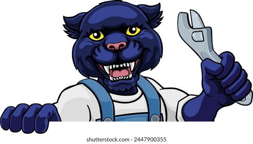 A panther cartoon animal mascot plumber, mechanic or handyman builder construction maintenance contractor peeking around a sign holding a spanner or wrench