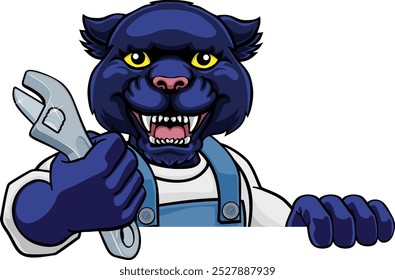 A panther cartoon animal mascot plumber, mechanic or handyman builder construction maintenance contractor peeking around a sign holding a spanner or wrench