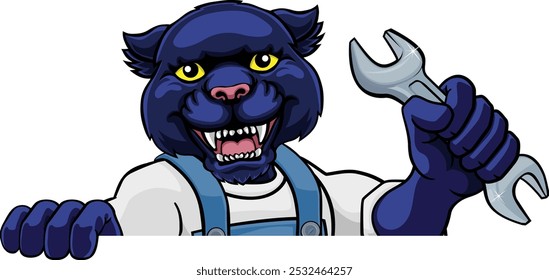 A panther cartoon animal mascot plumber, mechanic or handyman builder construction maintenance contractor peeking around a sign holding a spanner or wrench