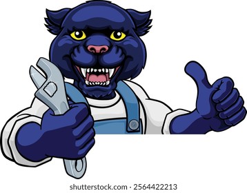 A panther cartoon animal mascot plumber, mechanic or handyman builder construction maintenance contractor peeking around a sign holding a spanner or wrench and giving a thumbs up