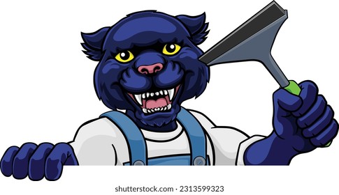 A panther cartoon mascot car or window cleaner holding a squeegee tool peeking round a sign