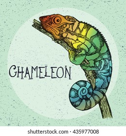 Panther Chameleon. Hand-drawn illustration of cartoon rainbow colored lizard in dot art style. Tattoo design, textiles print. Vector editable sketch isolated on vintage background