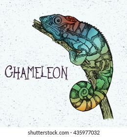 Panther Chameleon. Hand-drawn illustration of cartoon rainbow colored lizard in dot art style. Tattoo design, textiles print. Vector editable sketch isolated on vintage background