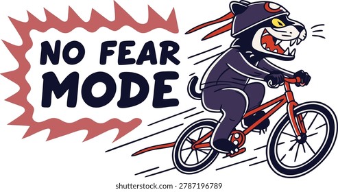 Panther character on bicycle, determined expression, energetic ride, bold slogan, dynamic motion, fierce attitude.