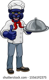 A panther chef mascot cartoon character holding a silver platter cloche dome of food and giving a thumbs up