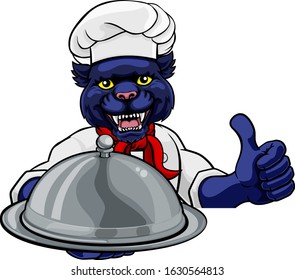 A panther chef mascot cartoon character holding a silver platter cloche dome of food peeking round a sign and giving a thumbs up