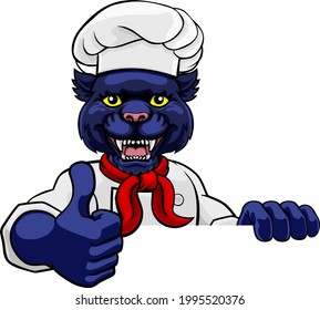 A panther chef mascot cartoon character peeking round a sign and giving a thumbs up