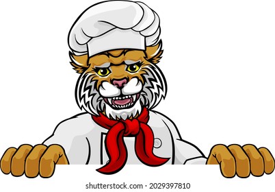 A panther chef mascot cartoon character peeking round a sign 