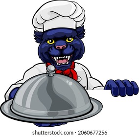 A panther chef mascot cartoon character holding a silver platter cloche dome of food peeking round a sign