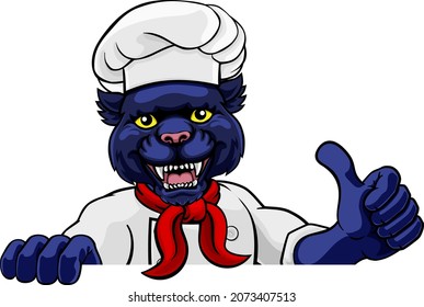 A panther chef mascot cartoon character peeking round a sign and giving a thumbs up
