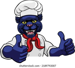 A panther chef mascot cartoon character peeking round a sign and giving a thumbs up