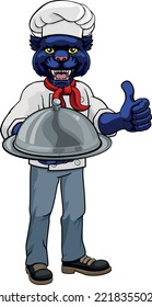 A Panther Chef Mascot Cartoon Character Holding A Silver Platter Cloche Dome Of Food And Giving A Thumbs Up