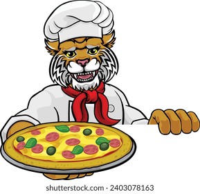 A panther chef mascot cartoon character holding a pizza peeking round a sign