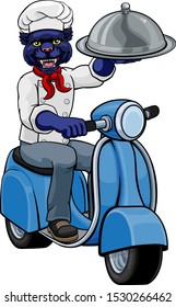 A panther chef mascot delivering food on a scooter 