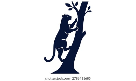 Panther climbing tree silhouette vector illustration. Wild big cat logo concept, isolated graphic design for nature, strength, and agility themes.