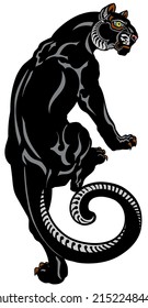 Panther climbing up. Decorative black leopard.  View from the back and head turned in profile. Tattoo style vector illustration