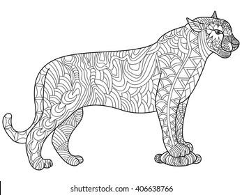 Panther coloring book for adults vector illustration. Cat anti-stress coloring for adult. Feline zentangle style. Lion black and white lines. Lace pattern