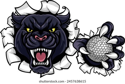 A panther cougar or jaguar cat animal sports mascot holding golf ball breaking through the background with its claws
