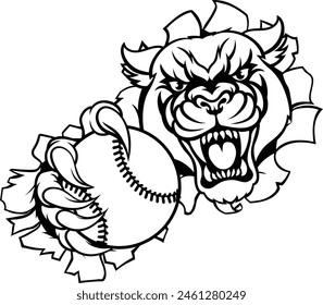 A panther cougar or jaguar cat animal sports mascot holding baseball or softball ball breaking through the background with its claws