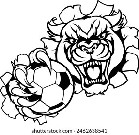 A panther cougar or jaguar cat animal sports mascot holding soccer football ball breaking through the background with its claws