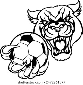 A panther cougar or jaguar cat animal sports mascot holding soccer football ball 