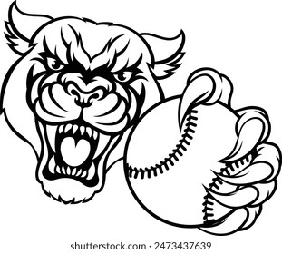 A panther cougar or jaguar cat animal sports mascot holding baseball or softball ball 