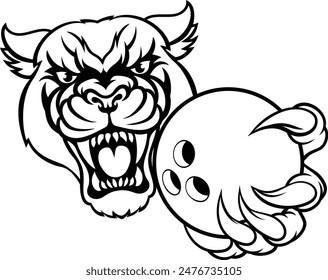 A panther cougar or jaguar cat animal sports mascot holding bowling ball 