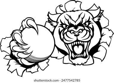 A panther cougar or jaguar cat animal sports mascot holding cricket ball breaking through the background with its claws