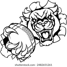 A panther cougar or jaguar cat animal sports mascot holding American football ball breaking through the background with its claws