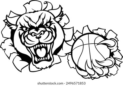 A panther cougar or jaguar cat animal sports mascot holding basketball ball breaking through the background with its claws