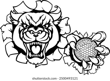 A panther cougar or jaguar cat animal sports mascot holding golf ball breaking through the background with its claws
