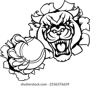 A panther cougar or jaguar cat animal sports mascot holding tennis ball breaking through the background with its claws