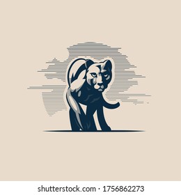 Panther or cougar, wild cat moves, goes smoothly forward, rearranging its paws, against the sky. Vector illustration.