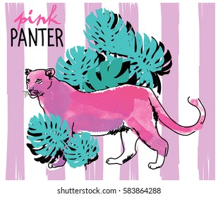 Panther. Drawing by hand with watercolor texture. Children's drawing.