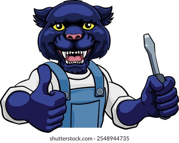 A panther electrician, handyman or mechanic holding a screwdriver and peeking round a sign giving a thumbs up