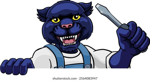 A panther electrician, handyman or mechanic holding a screwdriver and peeking round a sign