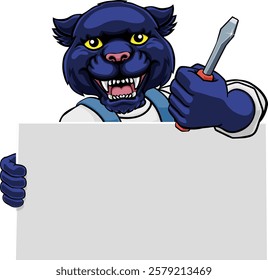 A panther electrician handyman or other construction cartoon mascot man holding a screwdriver tool.