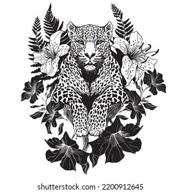 Panther in exotic flowers, stylish black and white pencil drawing. Suitable for logo, tattoo, interior decoration, paintings, printing on textiles and t-shirts. Predator leopard. svg
