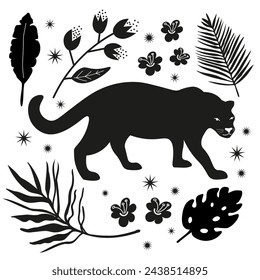 Panther and exotic plants decorative set doodle hand drawn flat vector illustration isolated background Tropical motif. Card design with silhouette wild predatory cat animal with savannah flowers leaf