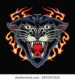 Panther Fire Traditional Tattoo Vector Illustration