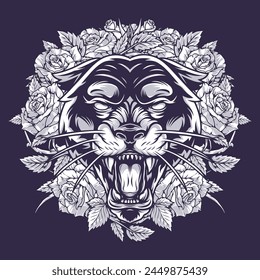 Panther in flowers monochrome sticker with roses around growling predator ready to pounce on its prey vector illustration