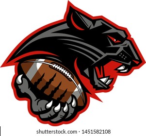 panther football mascot holding ball in claw for school, college or league