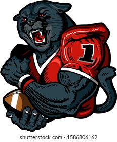 panther football player mascot holding ball for school, college or league